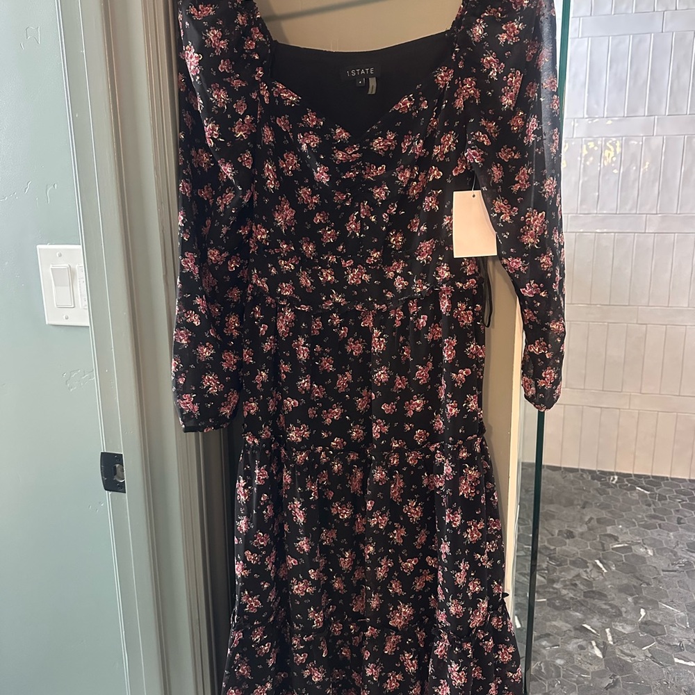 1. State Floral Long Sleeve Dress in Black and Pink
